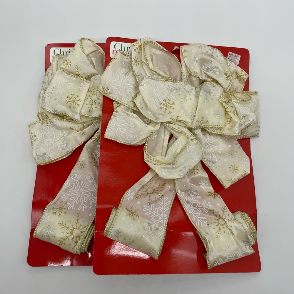 Set of 2 Festive Glow Gold Glitter Large Christmas Bows Icicles 8.9" x 15" New